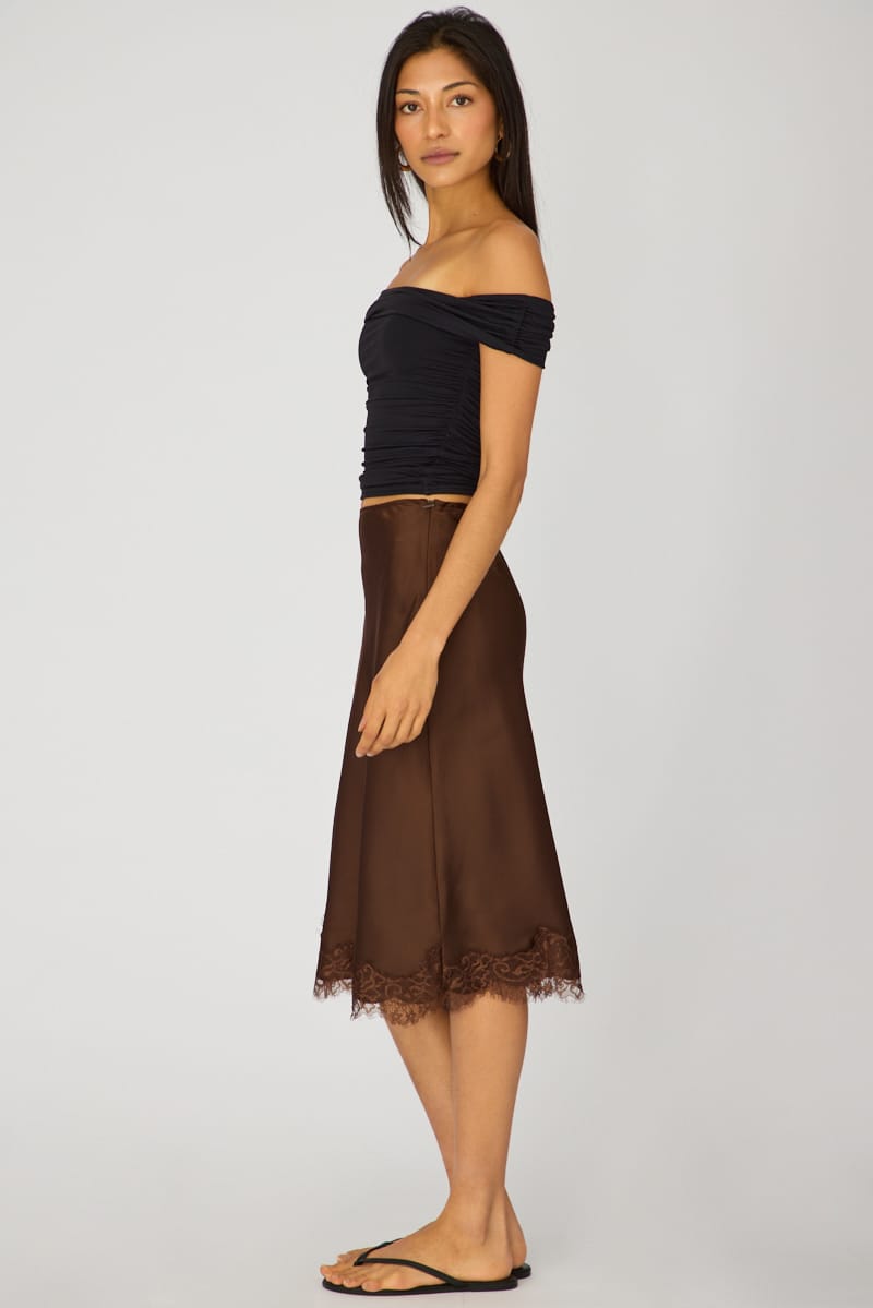 Brown Satin Lace Midi Skirt for Ally Fashion