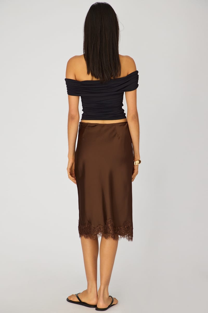 Brown Satin Lace Midi Skirt for Ally Fashion