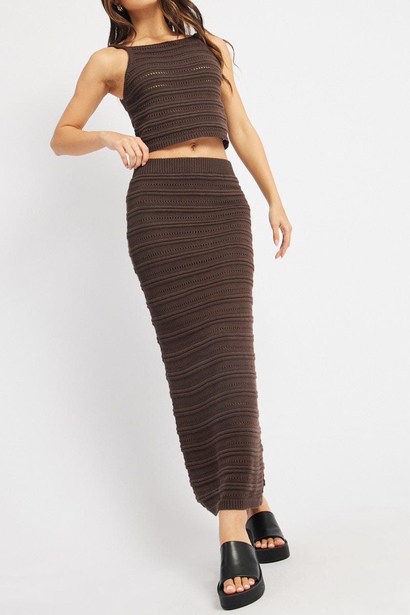 Brown Crochet Skirt High Rise Elastic Waistband Midi for Ally Fashion