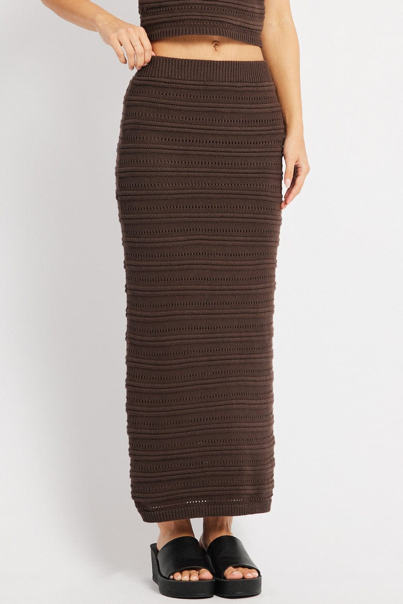 Brown Crochet Skirt High Rise Elastic Waistband Midi for Ally Fashion