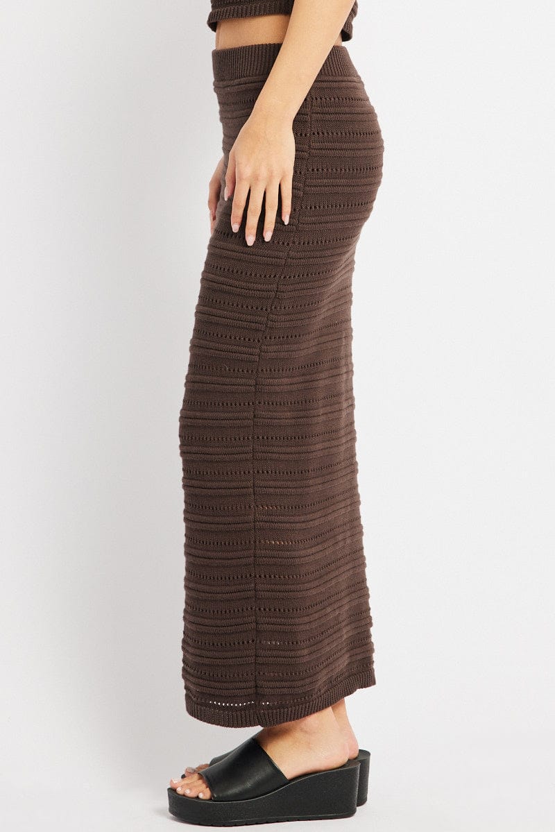 Brown Crochet Skirt High Rise Elastic Waistband Midi for Ally Fashion