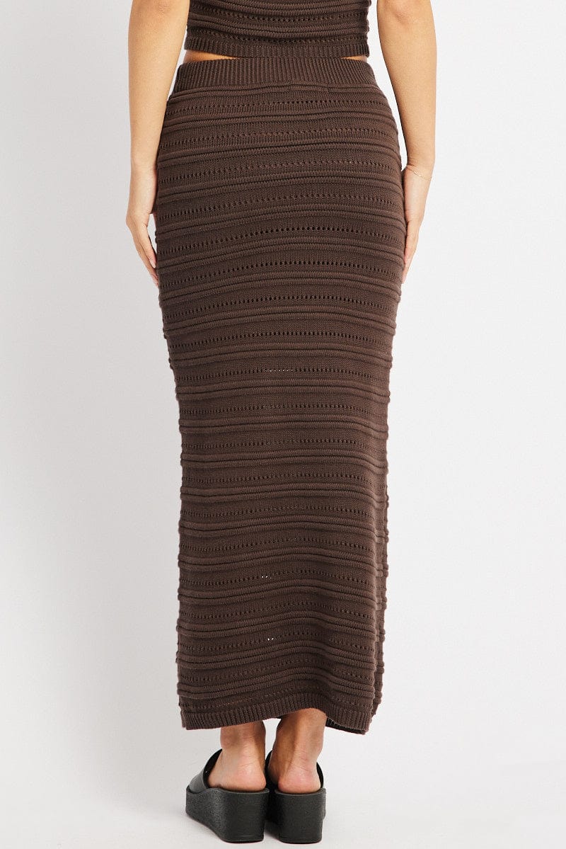 Brown Crochet Skirt High Rise Elastic Waistband Midi for Ally Fashion