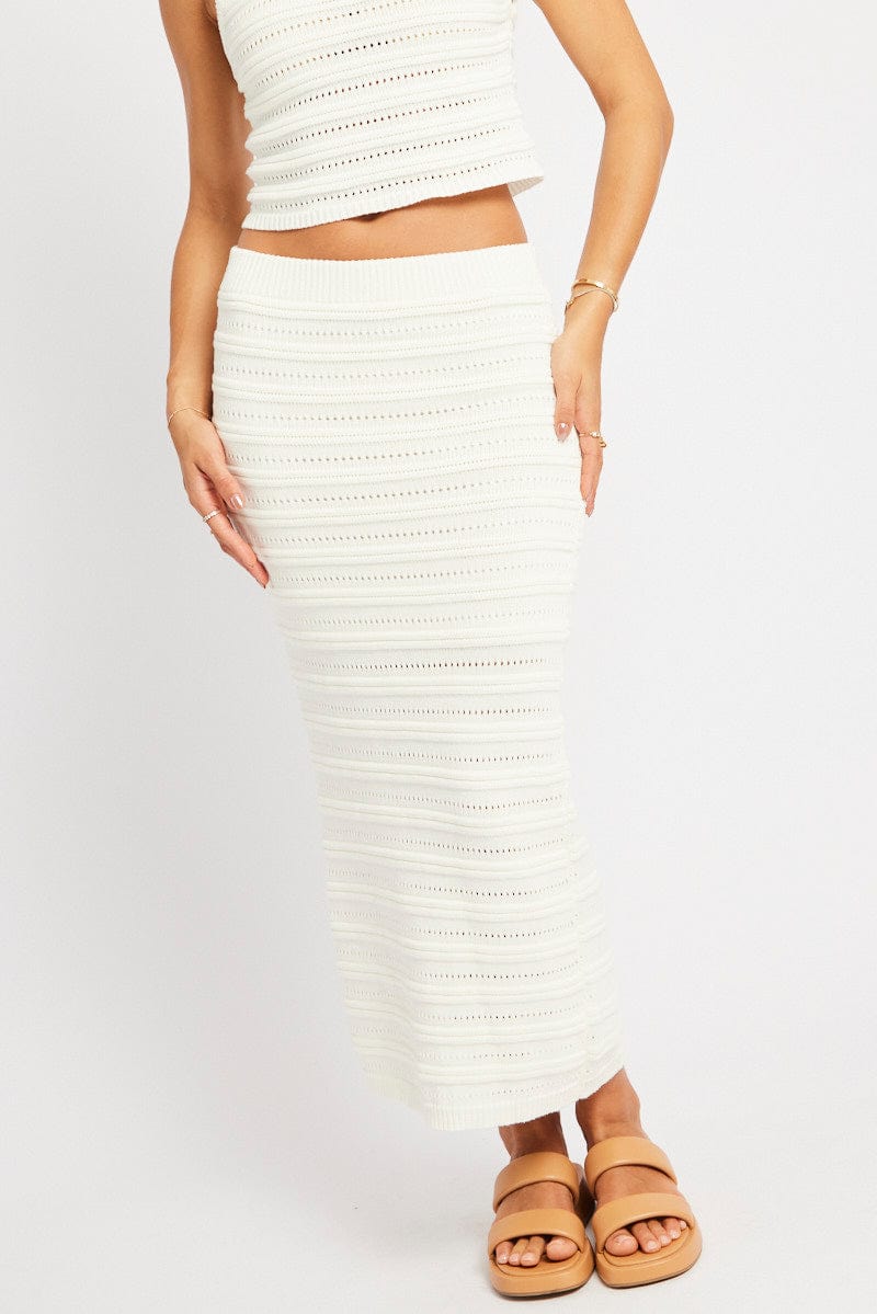 White Crochet Skirt High Rise Elastic Waistband Midi for Ally Fashion