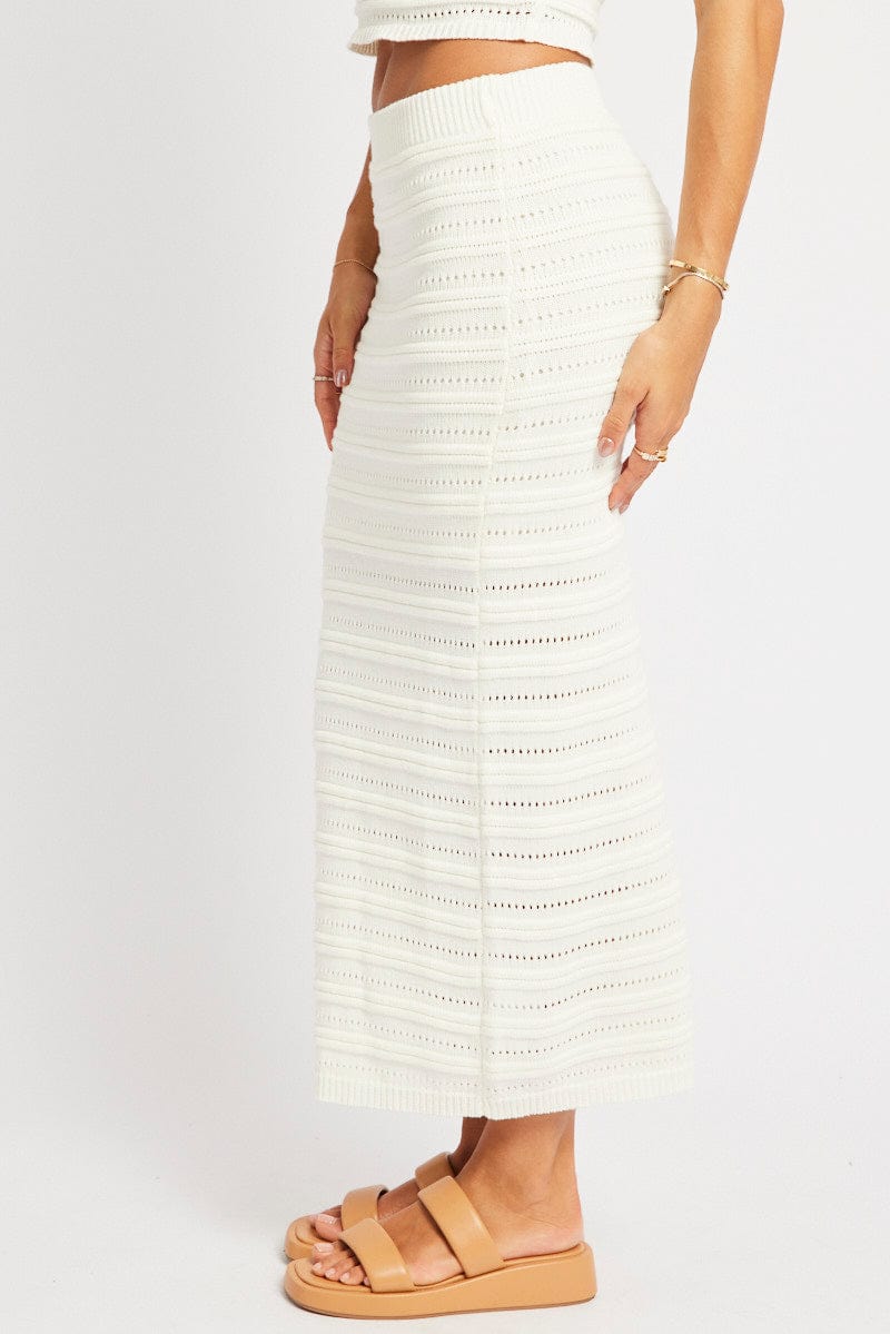 White Crochet Skirt High Rise Elastic Waistband Midi for Ally Fashion