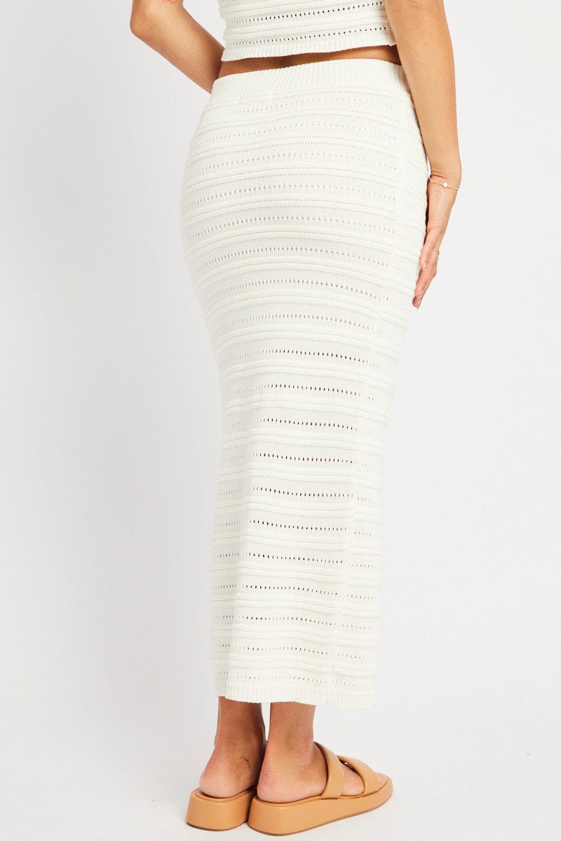 White Crochet Skirt High Rise Elastic Waistband Midi for Ally Fashion