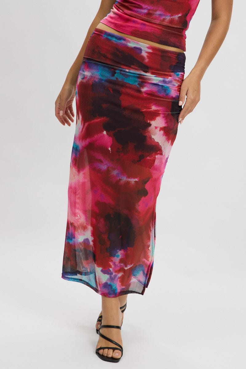 Multi Abstract Midaxi Skirt High Rise Ruched Lined Mesh for Ally Fashion