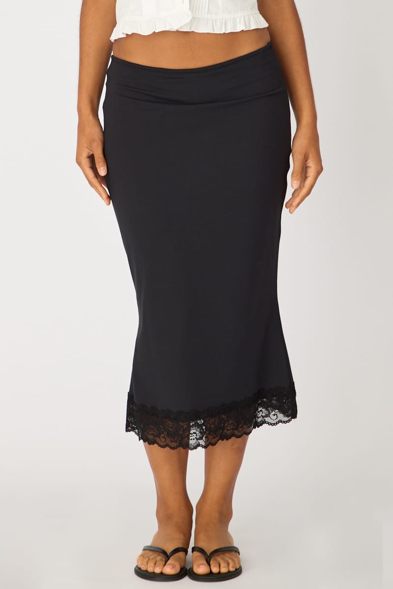 Black Midi Lace Skirt Mid Waisted Calf Length Supersoft for Ally Fashion