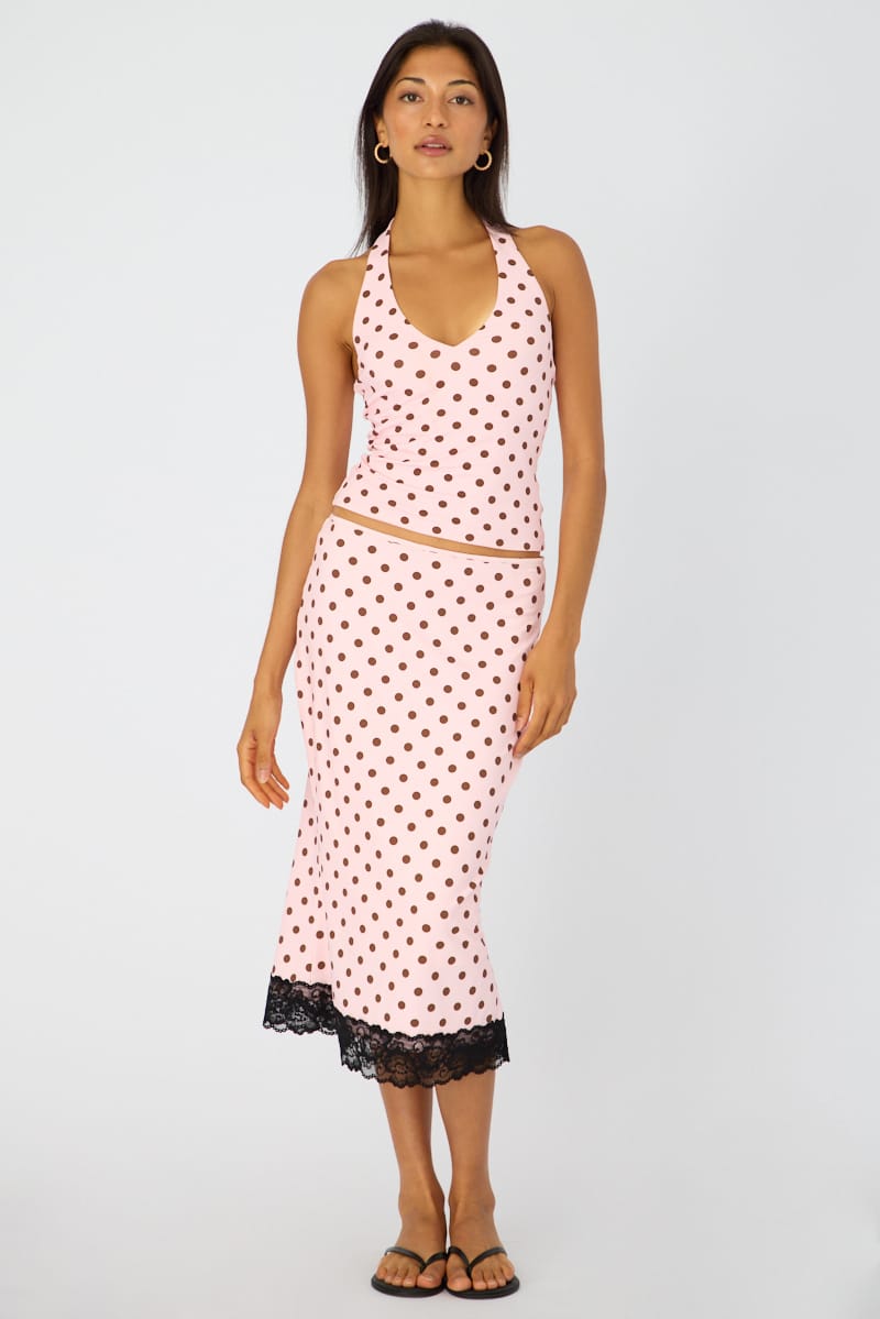 Pink Polka Dot Midi Lace Skirt Mid Waisted Calf Length Supersoft for Ally Fashion