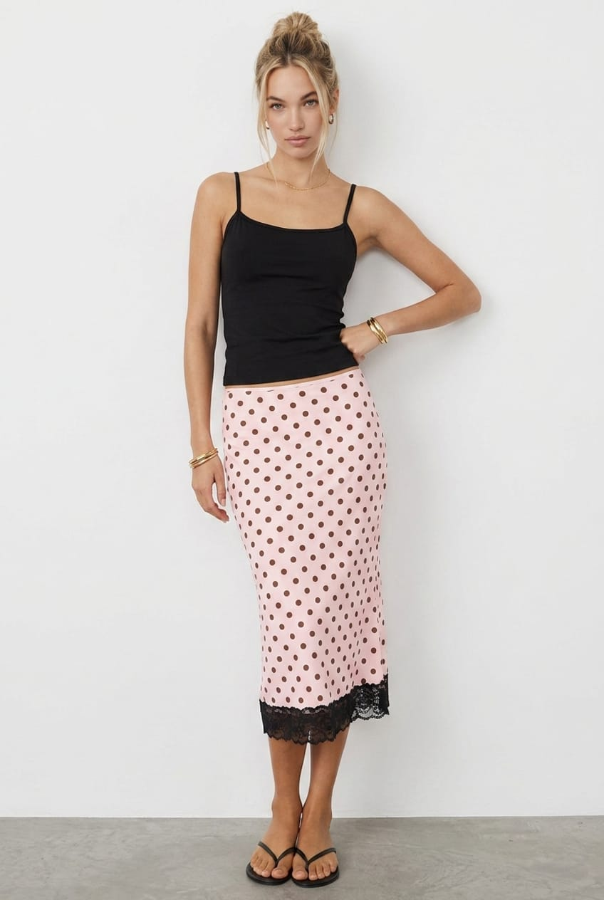 Pink Polka Dot Midi Lace Skirt Mid Waisted Calf Length Supersoft for Ally Fashion