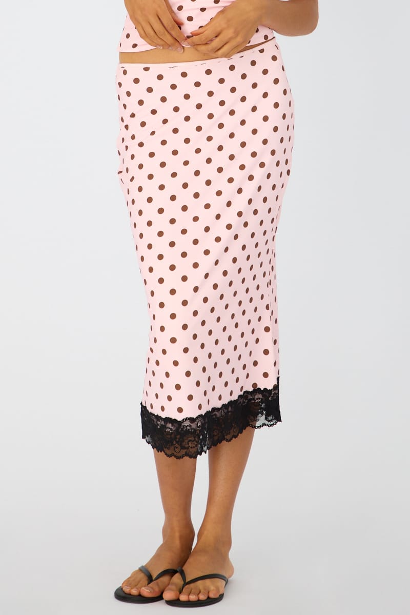 Pink Polka Dot Midi Lace Skirt Mid Waisted Calf Length Supersoft for Ally Fashion