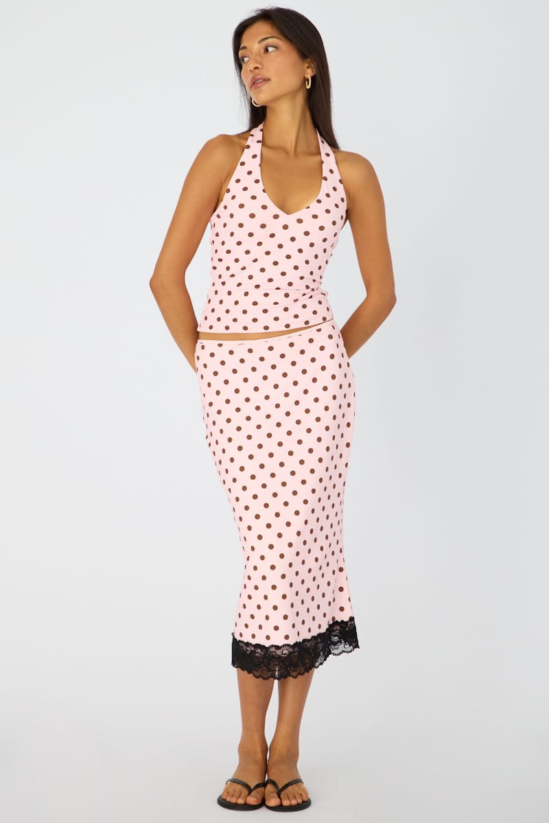Pink Polka Dot Midi Lace Skirt Mid Waisted Calf Length Supersoft for Ally Fashion