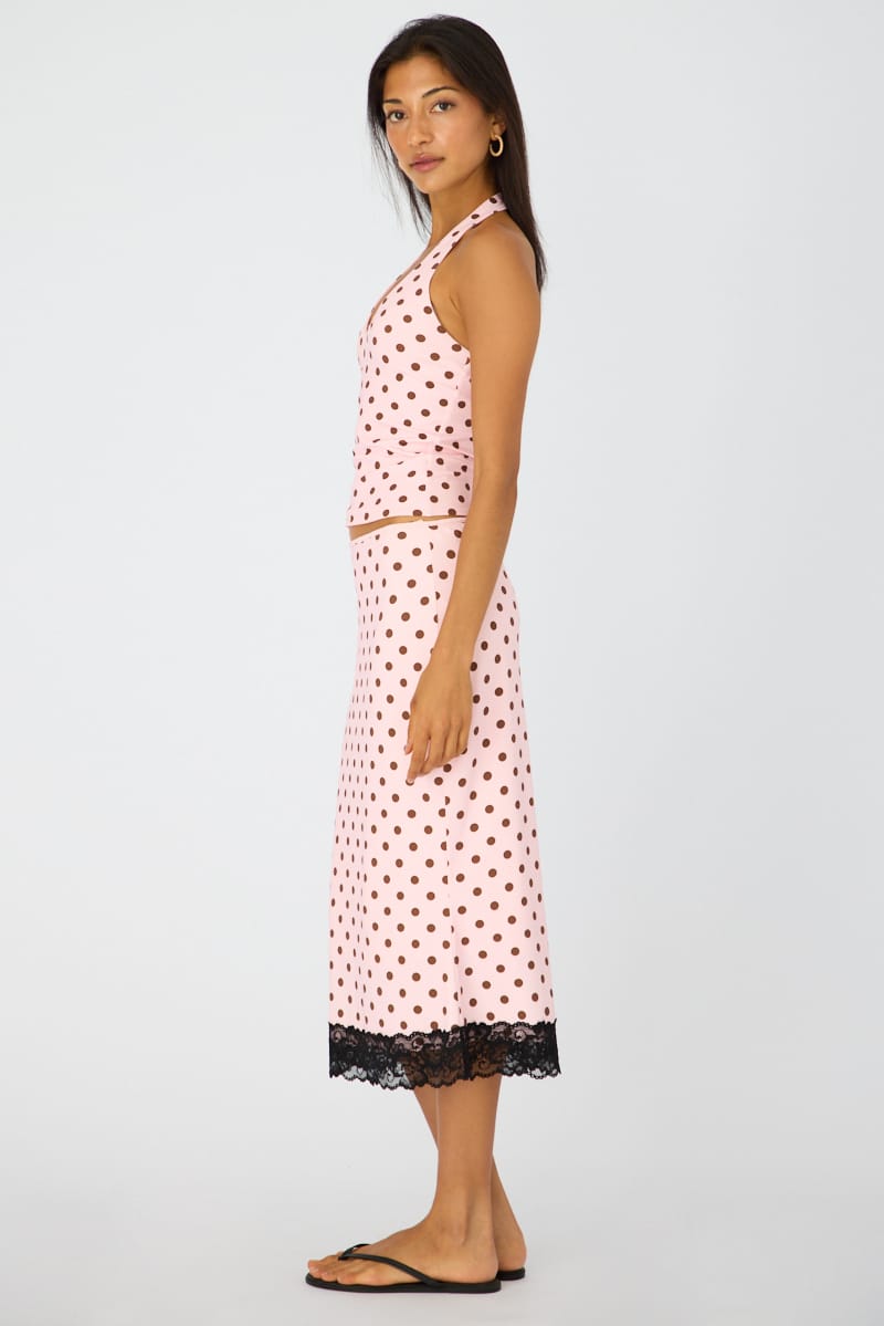 Pink Polka Dot Midi Lace Skirt Mid Waisted Calf Length Supersoft for Ally Fashion