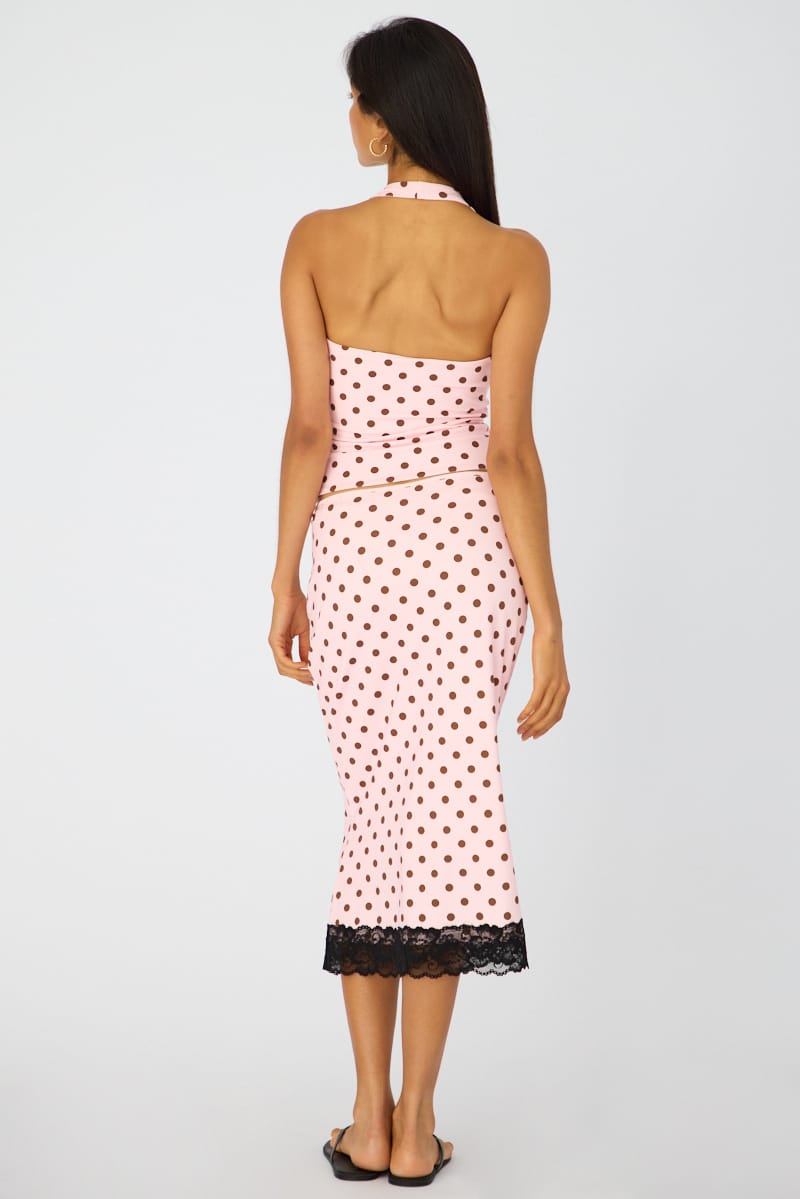 Pink Polka Dot Midi Lace Skirt Mid Waisted Calf Length Supersoft for Ally Fashion