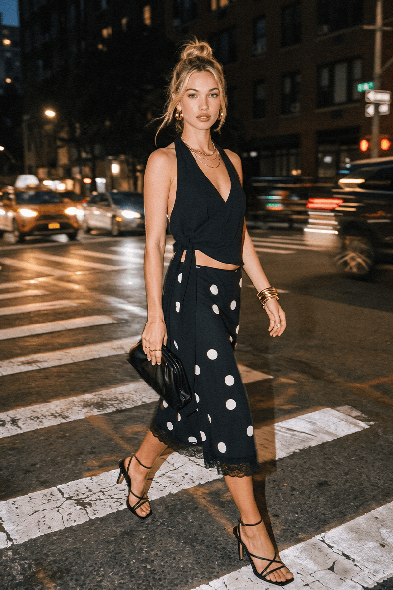 Black Polka-Dot Midi Lace Skirt Mid-Waisted Calf Length Supersoft from Ally Fashion