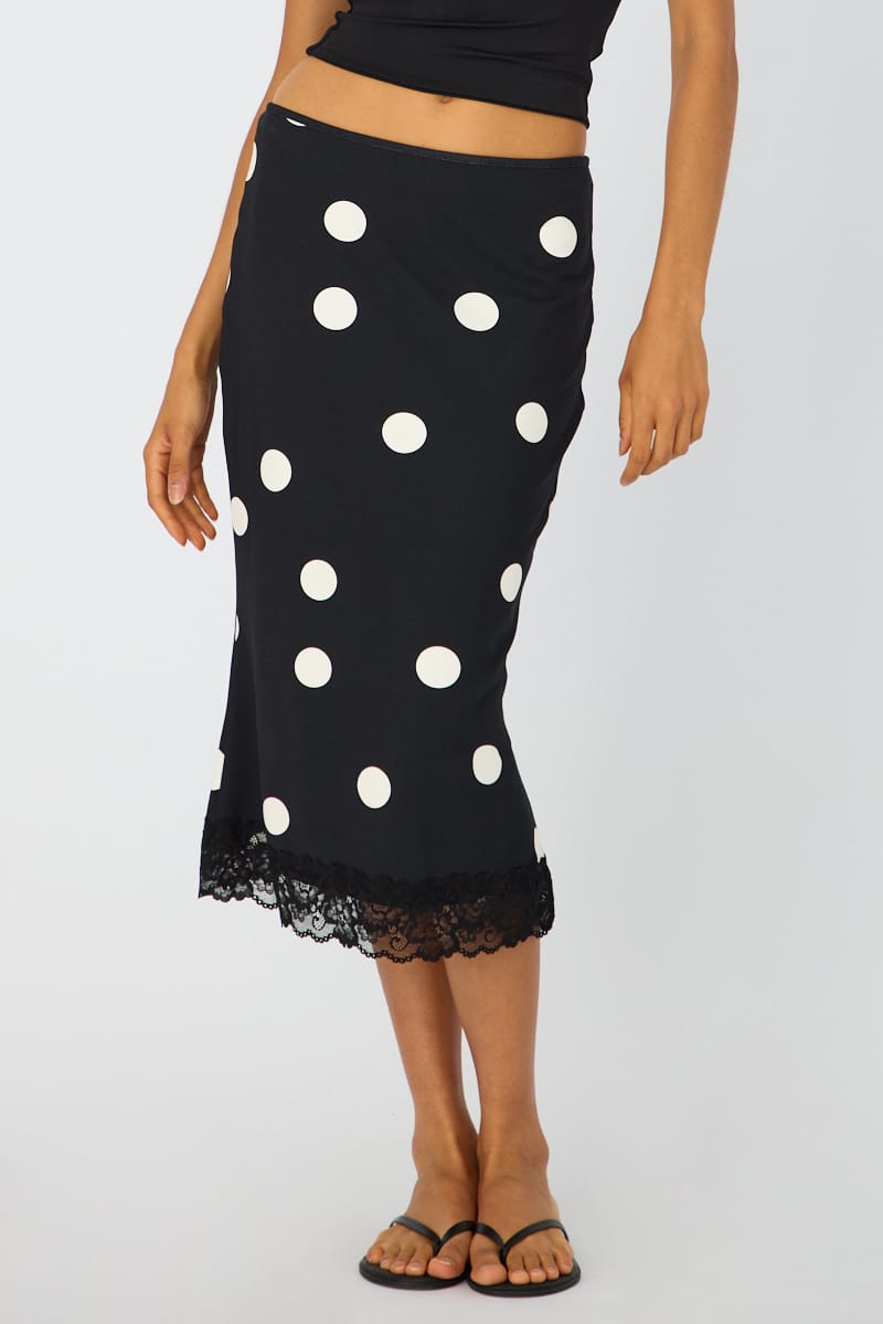 Black Polka Dot Midi Lace Skirt Mid Waisted Calf Length Supersoft for Ally Fashion