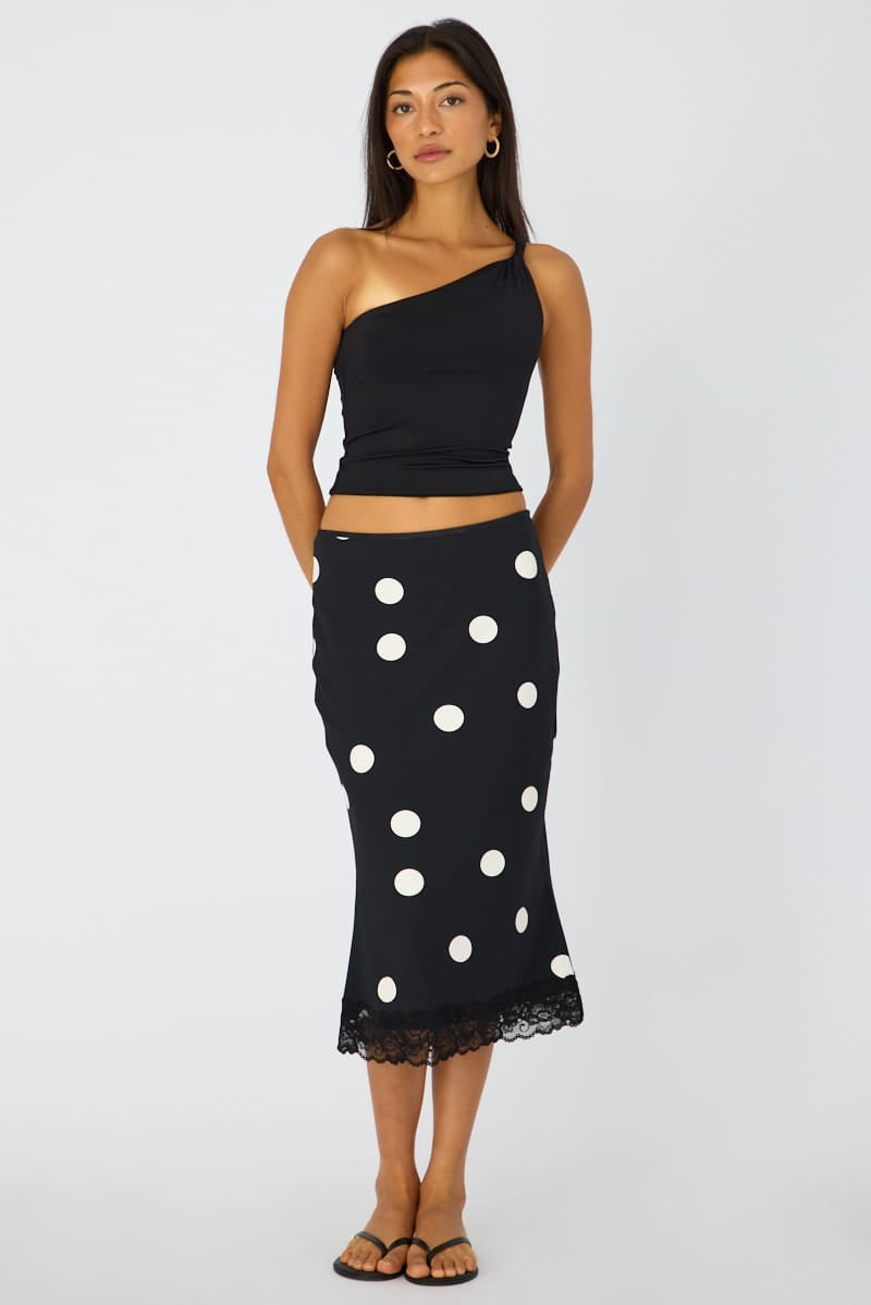Black Polka Dot Midi Lace Skirt Mid Waisted Calf Length Supersoft for Ally Fashion