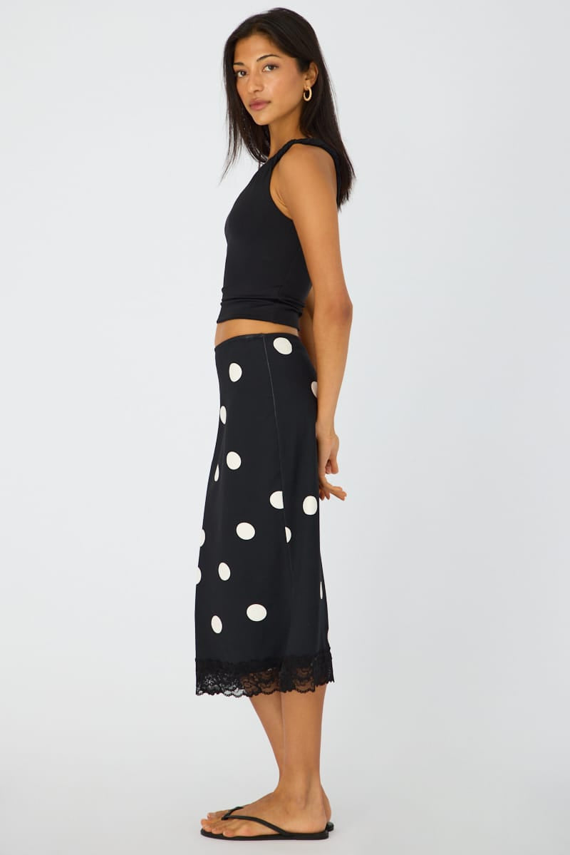 Black Polka Dot Midi Lace Skirt Mid Waisted Calf Length Supersoft for Ally Fashion
