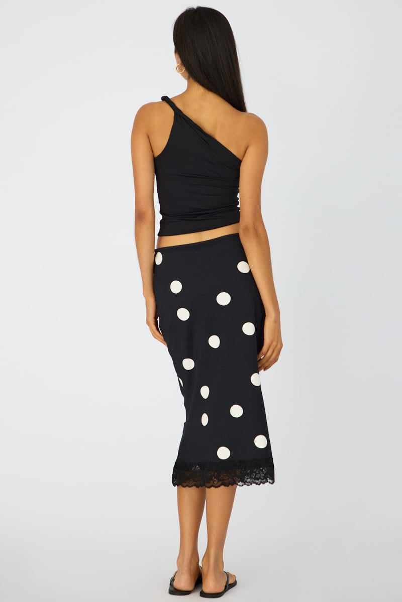 Black Polka Dot Midi Lace Skirt Mid Waisted Calf Length Supersoft for Ally Fashion
