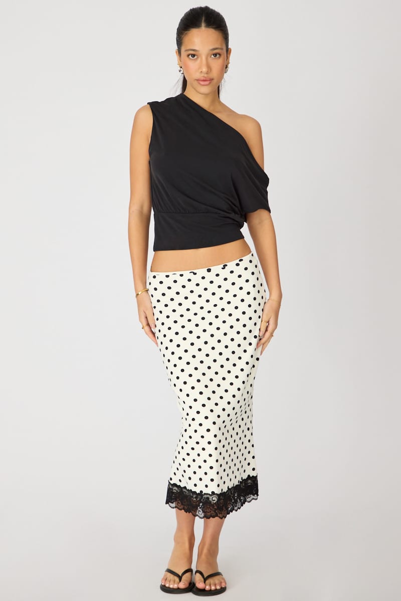 White Polka Dot Midi Lace Skirt Mid Waisted Calf Length Supersoft for Ally Fashion