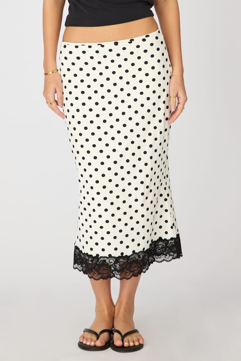 White Polka Dot Midi Lace Skirt Mid Waisted Calf Length Supersoft for Ally Fashion