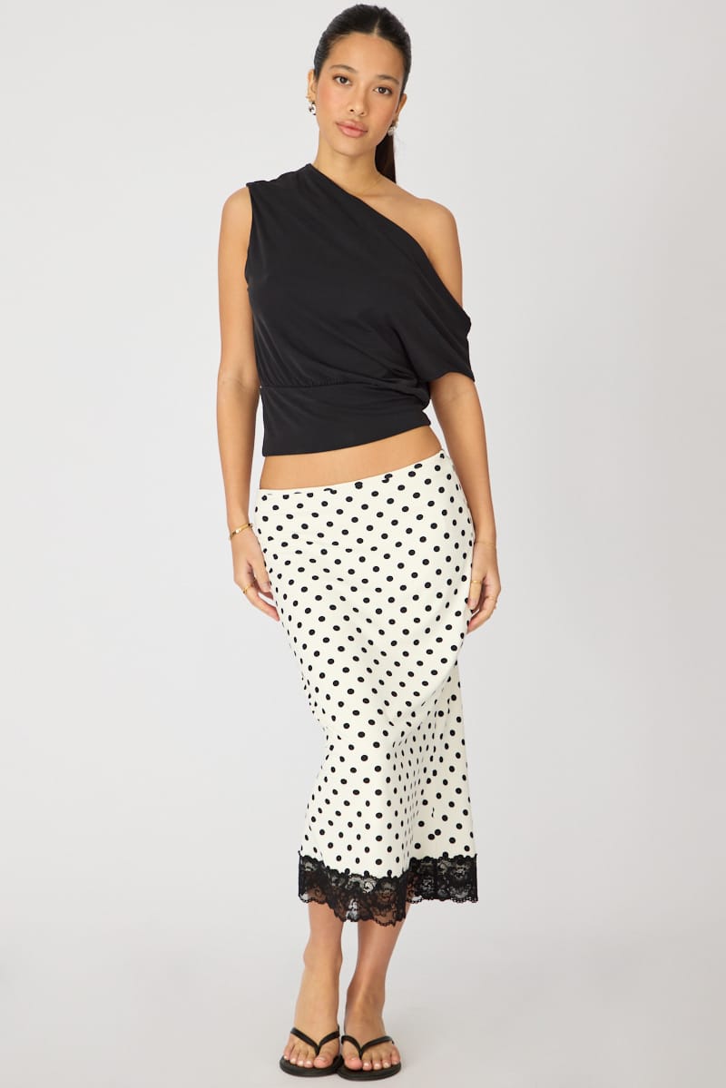 White Polka Dot Midi Lace Skirt Mid Waisted Calf Length Supersoft for Ally Fashion