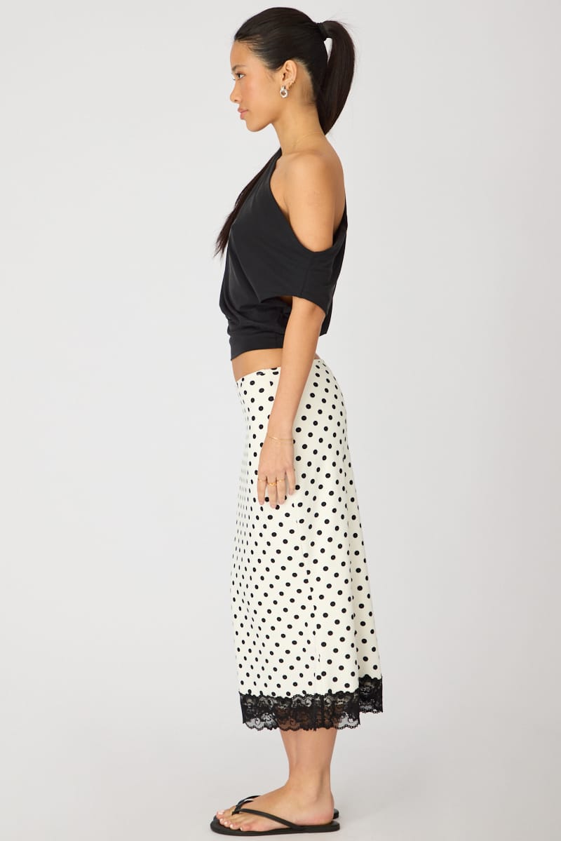 White Polka Dot Midi Lace Skirt Mid Waisted Calf Length Supersoft for Ally Fashion