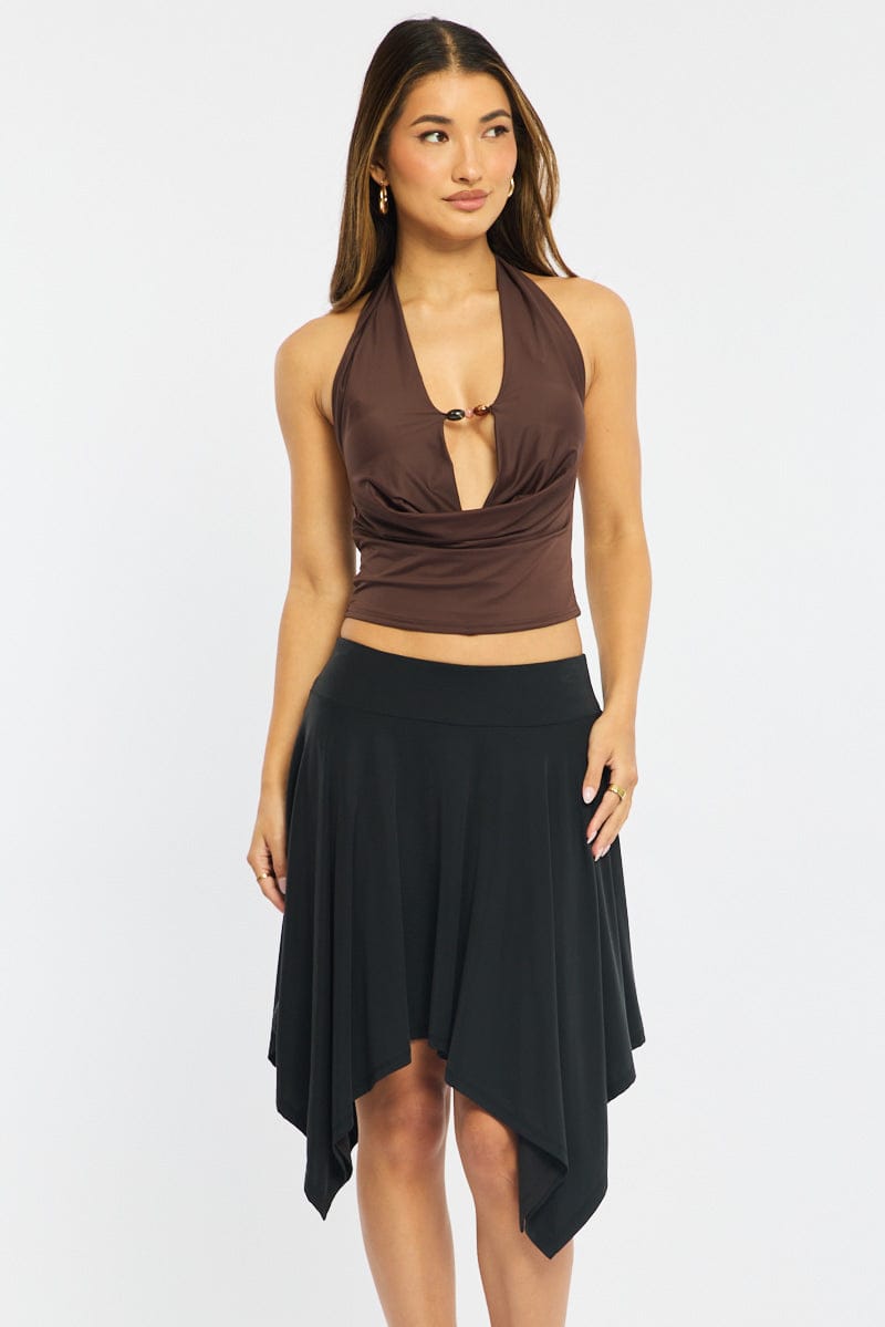Black Midi Scarf Skirt Handkerchief Hem Modal Blend for Ally Fashion