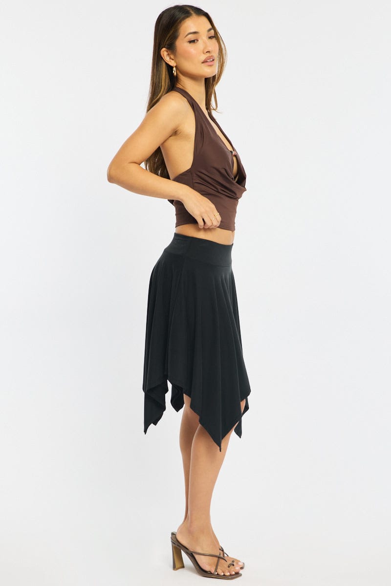 Black Midi Scarf Skirt Handkerchief Hem Modal Blend for Ally Fashion