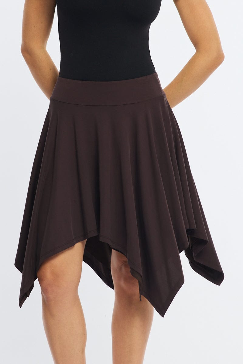 Brown Midi Scarf Skirt Handkerchief Hem Modal Blend for Ally Fashion