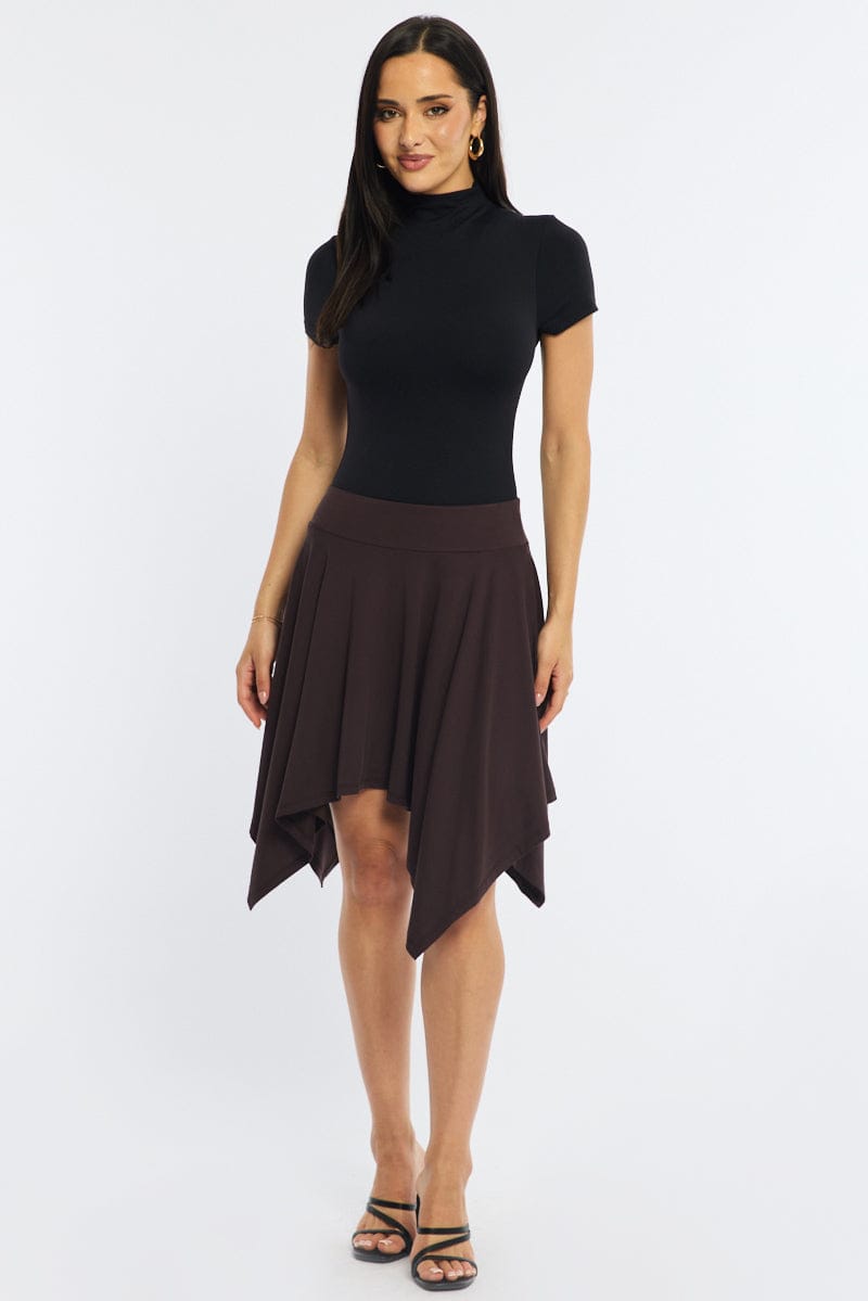 Brown Midi Scarf Skirt Handkerchief Hem Modal Blend for Ally Fashion