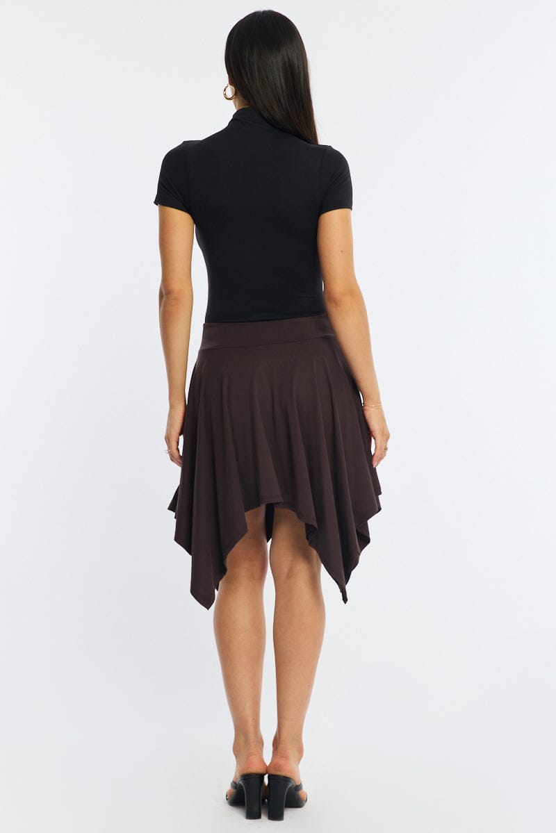 Brown Midi Scarf Skirt Handkerchief Hem Modal Blend for Ally Fashion