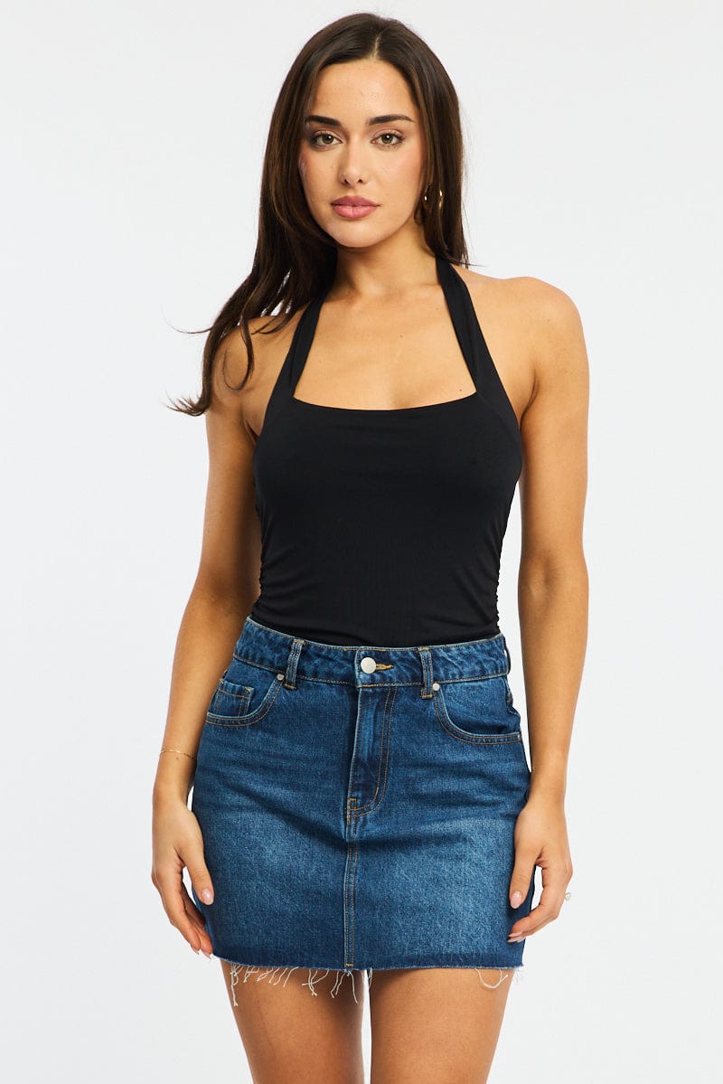 Denim Denim Mini Skirt Mid Rise Raw Edge for Ally Fashion