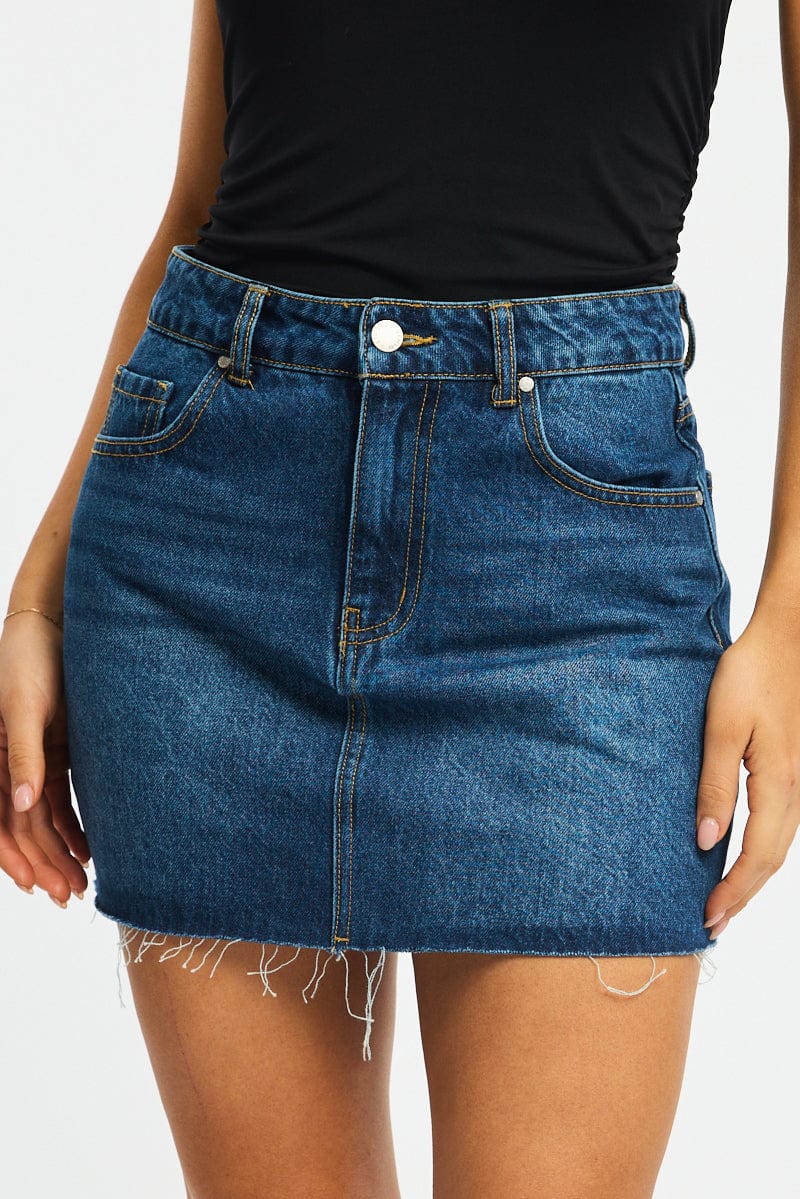 Denim Denim Mini Skirt Mid Rise Raw Edge for Ally Fashion