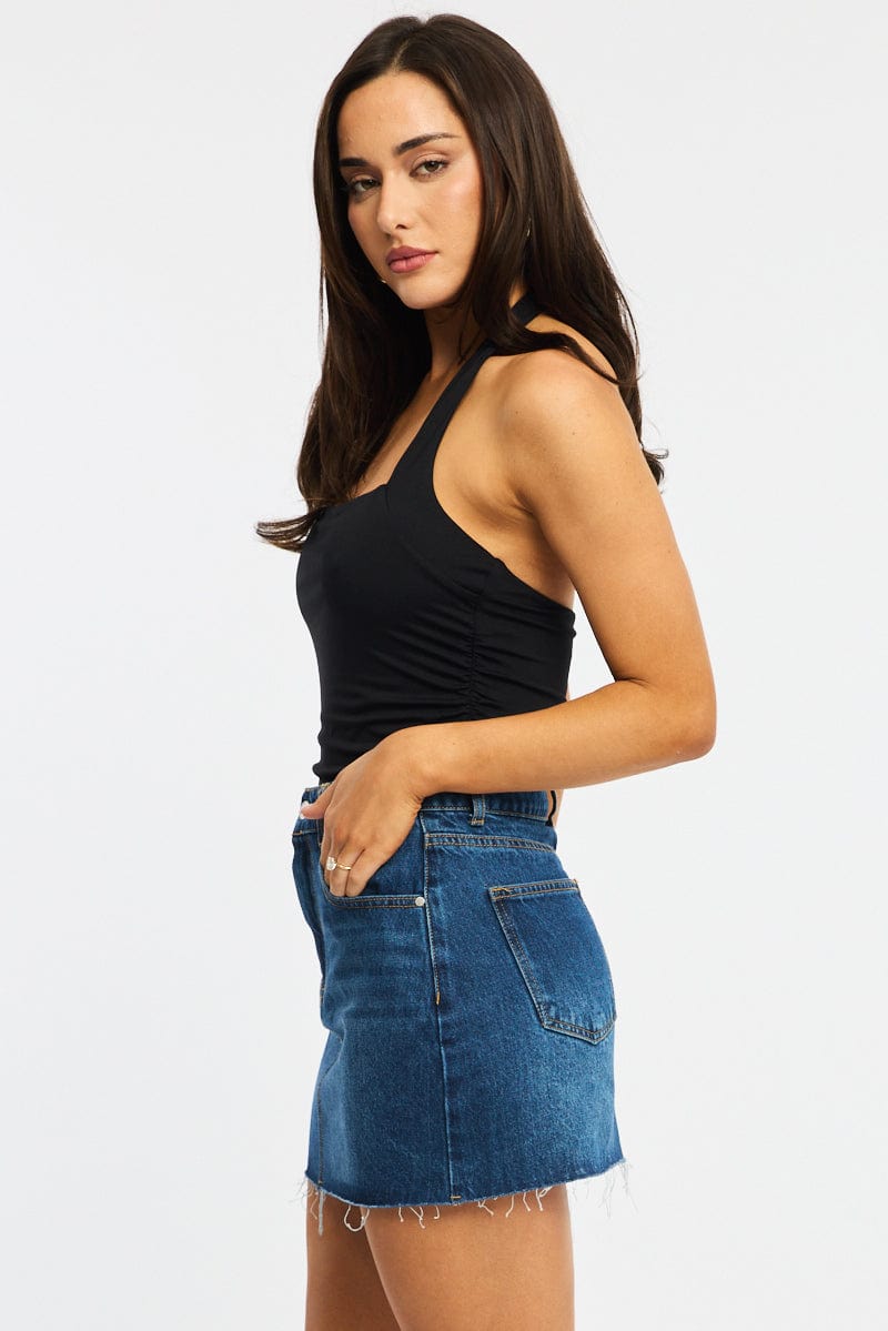 Denim Denim Mini Skirt Mid Rise Raw Edge for Ally Fashion