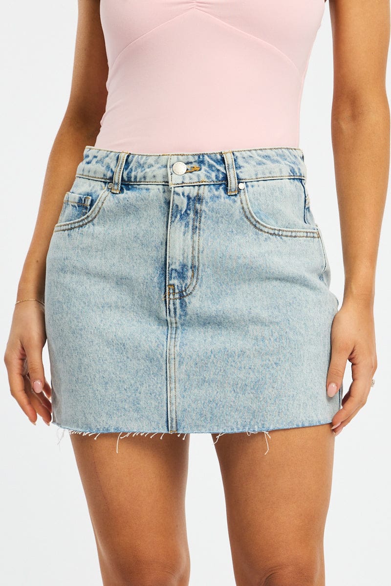 Denim Denim Mini Skirt Mid Rise Raw Edge for Ally Fashion
