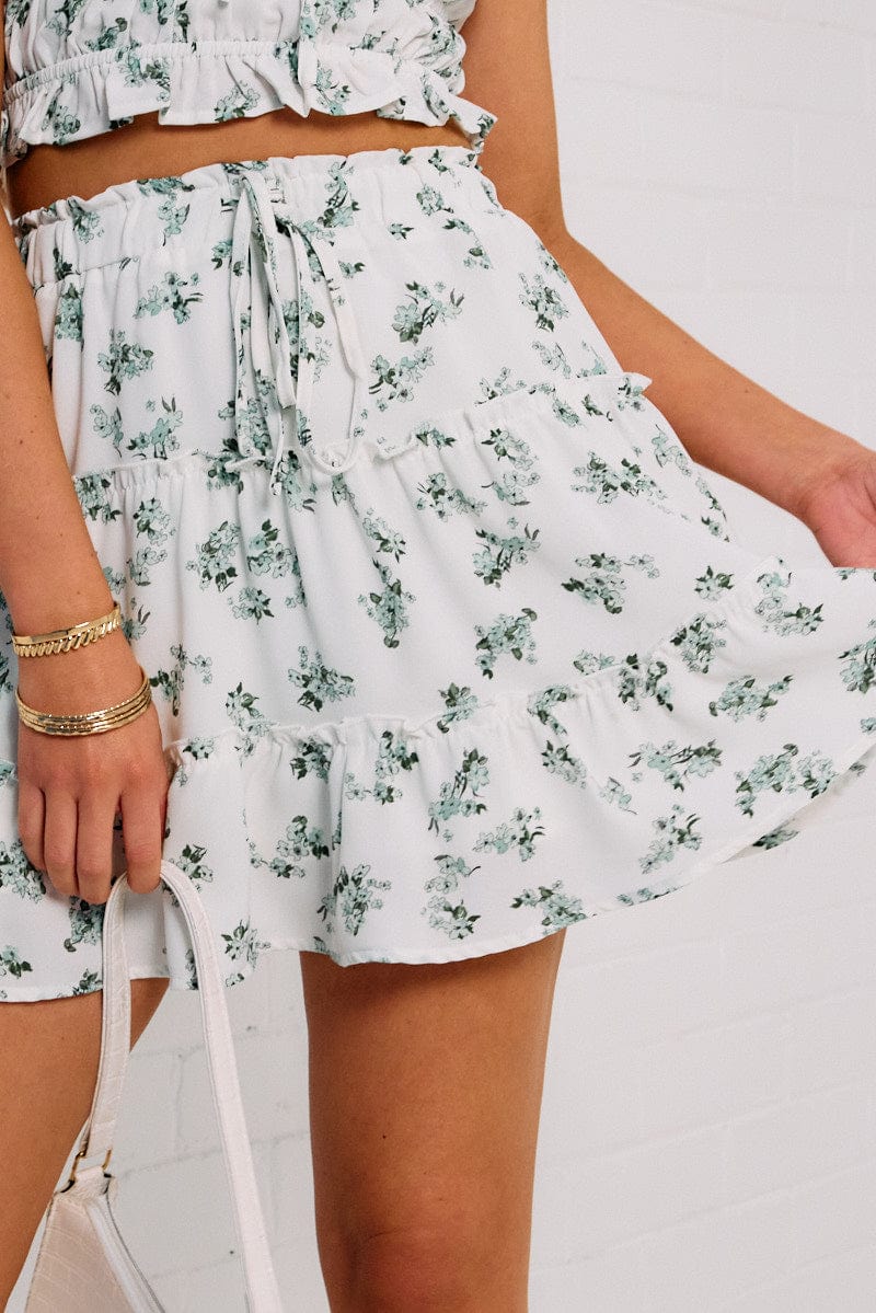 Green Floral Mini Skirt High Waisted Elastic Band Tiered Skater for Ally Fashion