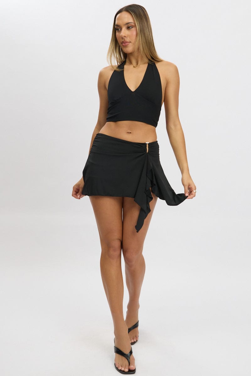 Black Mini Skort Mid Rise Buckle Detail High Low for Ally Fashion