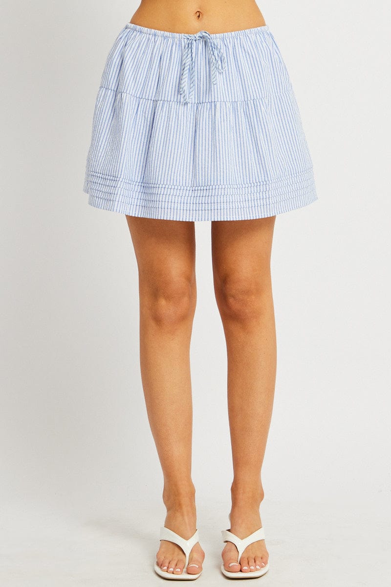 Blue Stripe Skater Skirt High Rise Tiered Mini for Ally Fashion