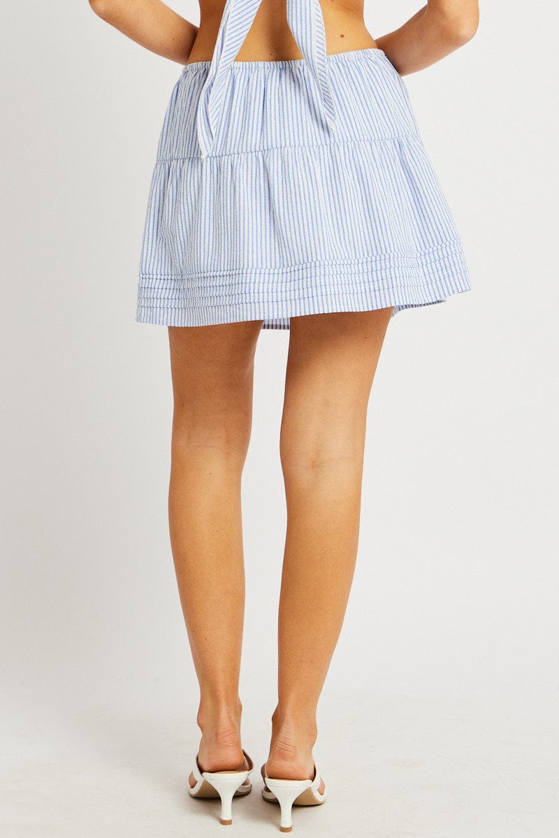 Blue Stripe Skater Skirt High Rise Tiered Mini for Ally Fashion