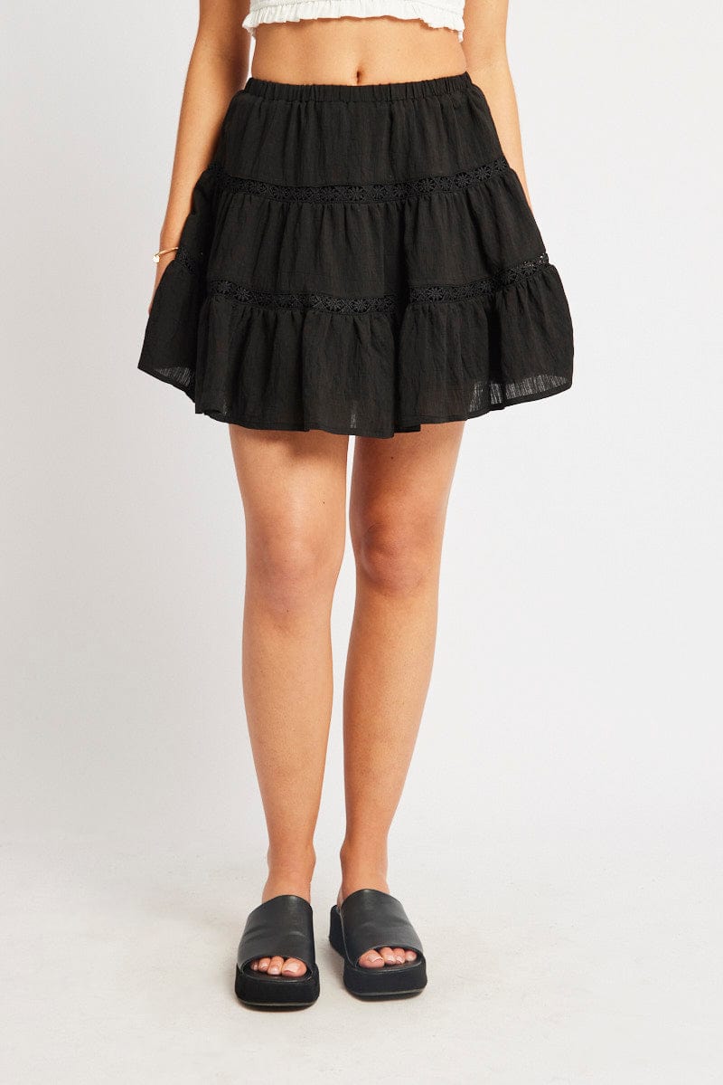 Black Skater Skirt Tiered High Rise Mini Lace Insert for Ally Fashion