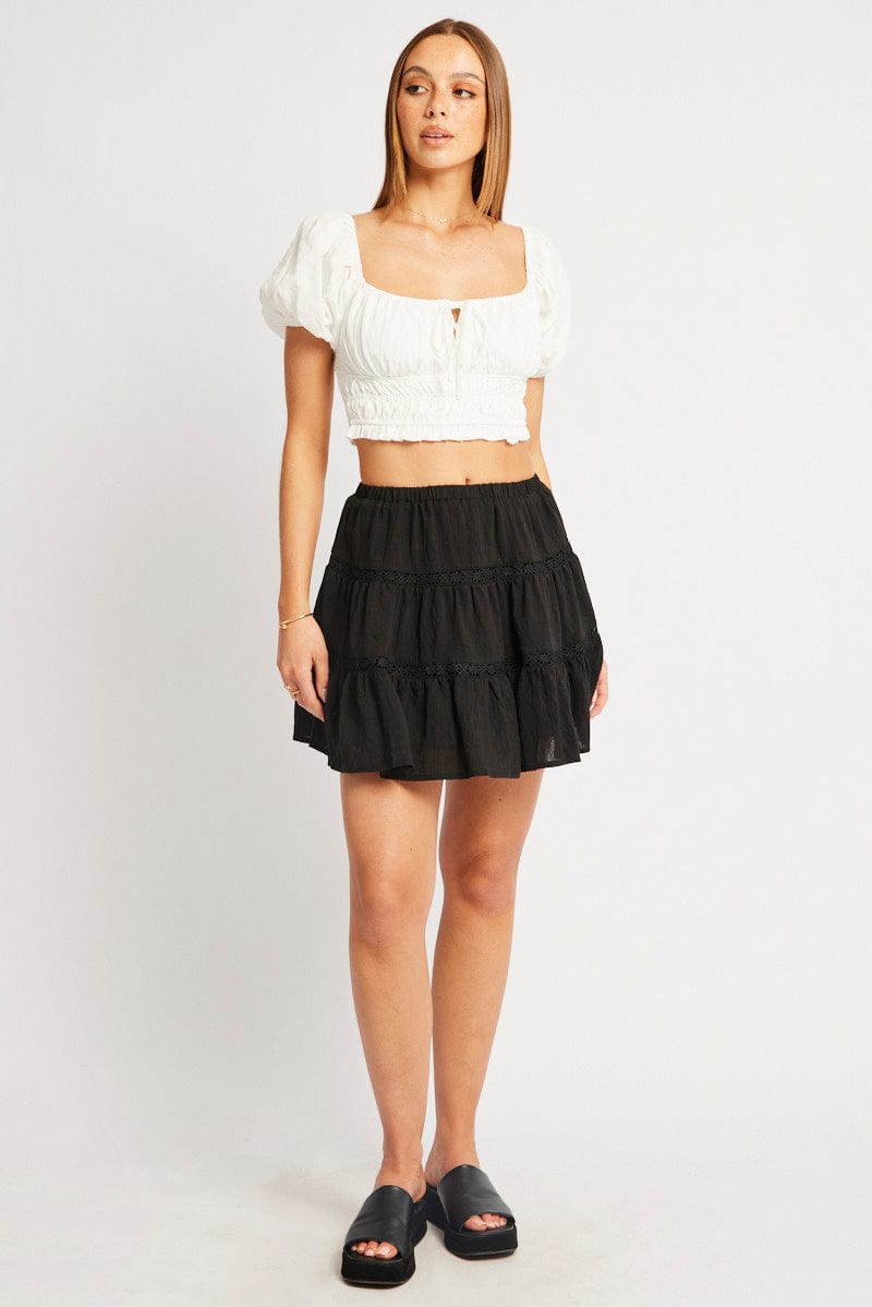 Black Skater Skirt Tiered High Rise Mini Lace Insert for Ally Fashion