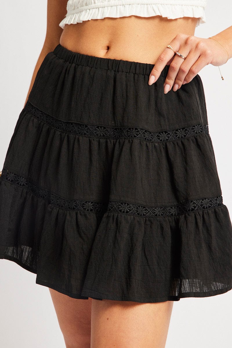 Black Skater Skirt Tiered High Rise Mini Lace Insert for Ally Fashion