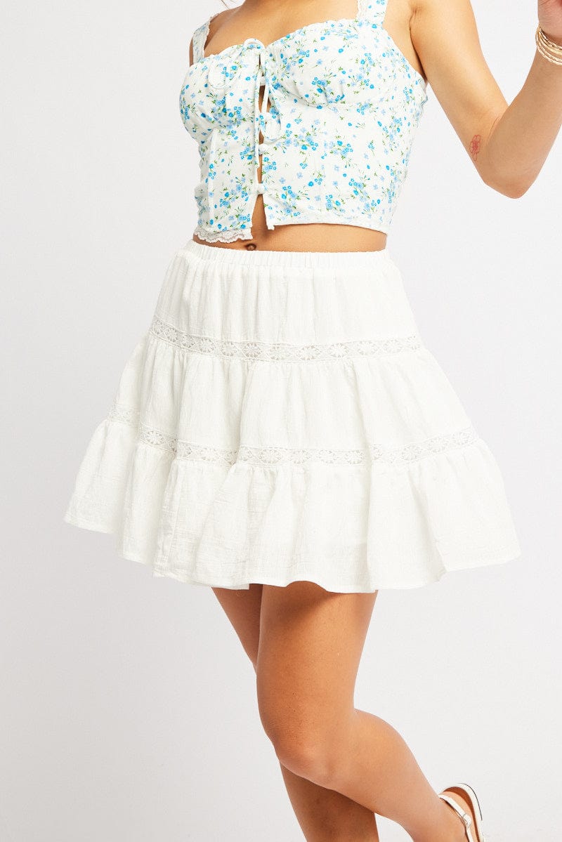 White Skater Skirt Tiered High Rise Mini Lace Insert for Ally Fashion