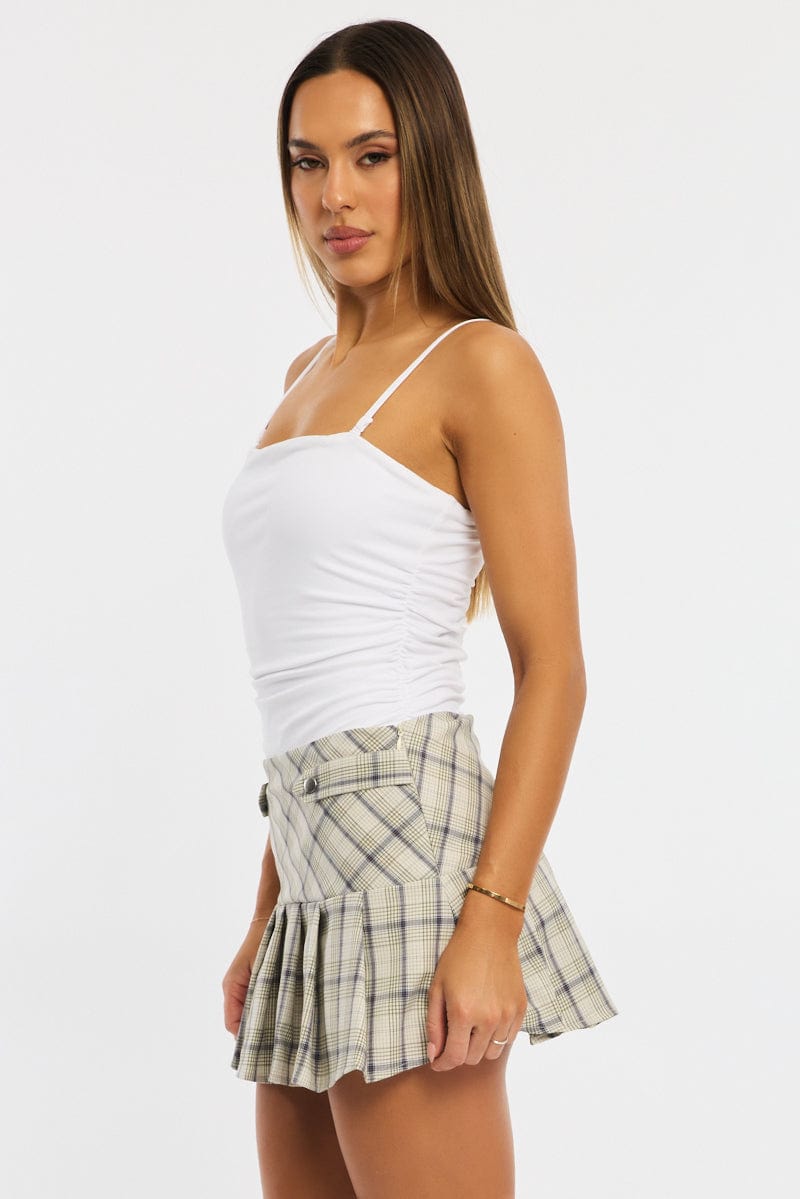 Brown Check Mini Skort Skirt Knife Pleat Buckle Detail for Ally Fashion