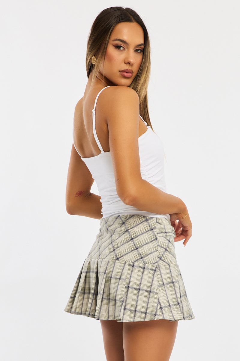 Brown Check Mini Skort Skirt Knife Pleat Buckle Detail for Ally Fashion