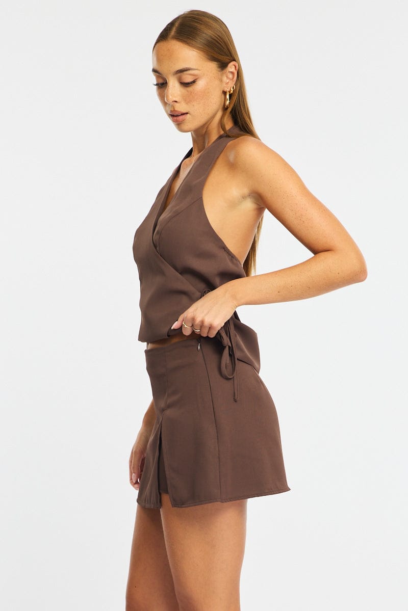 Brown Mini Skort Mid Rise Tailored Lined for Ally Fashion