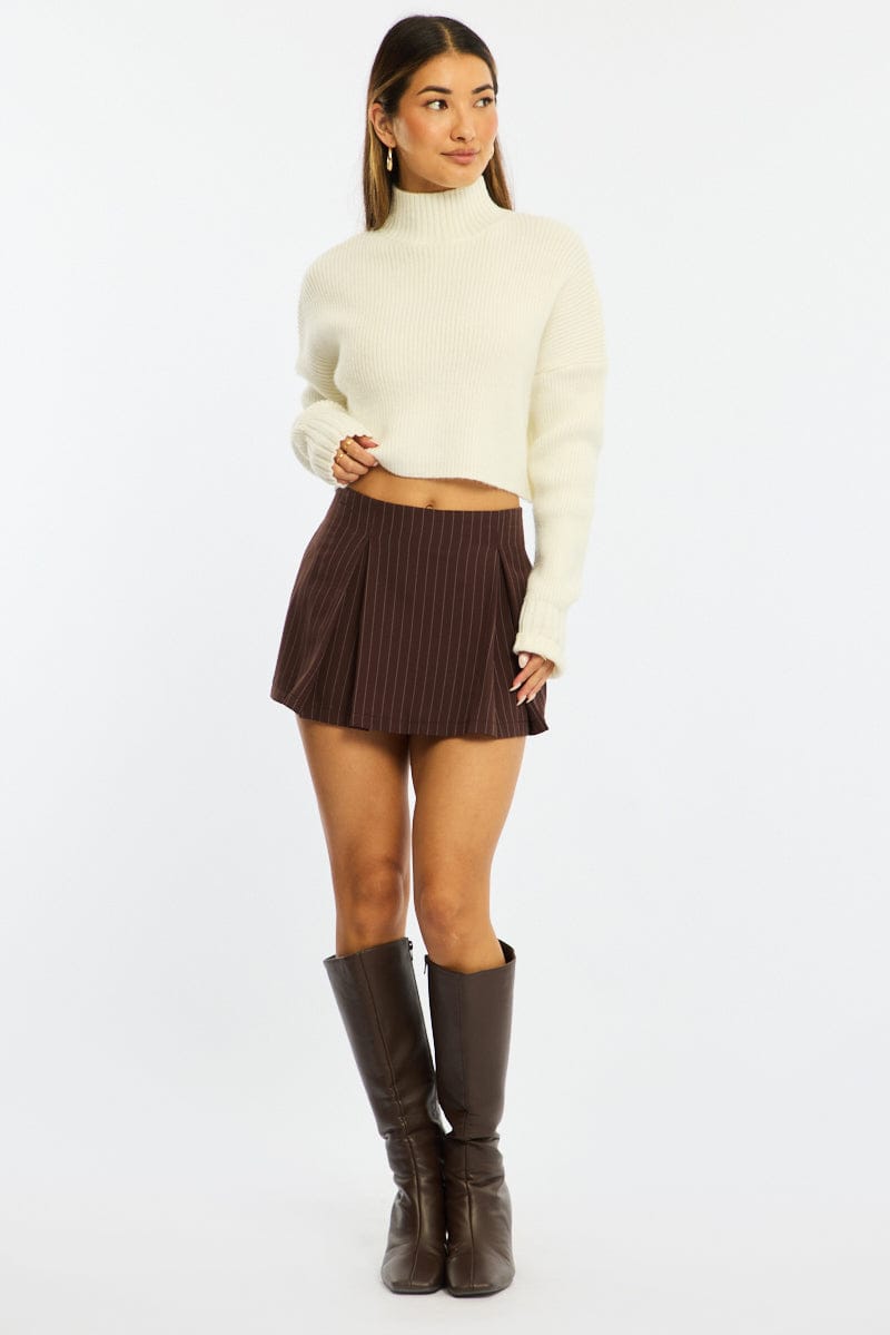 Brown Stripe Mini Skort Skirt High Waisted Lined for Ally Fashion