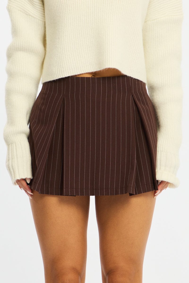 Brown Stripe Mini Skort Skirt High Waisted Lined for Ally Fashion
