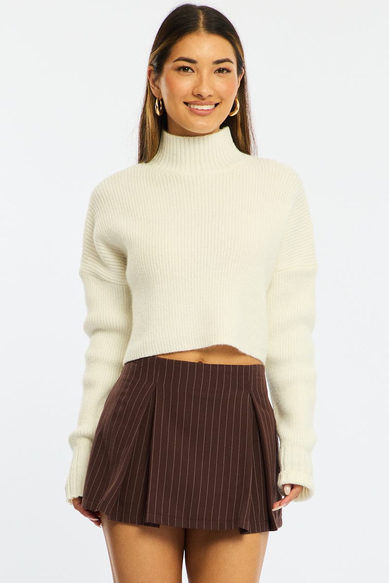 Brown Stripe Mini Skort Skirt High Waisted Lined for Ally Fashion