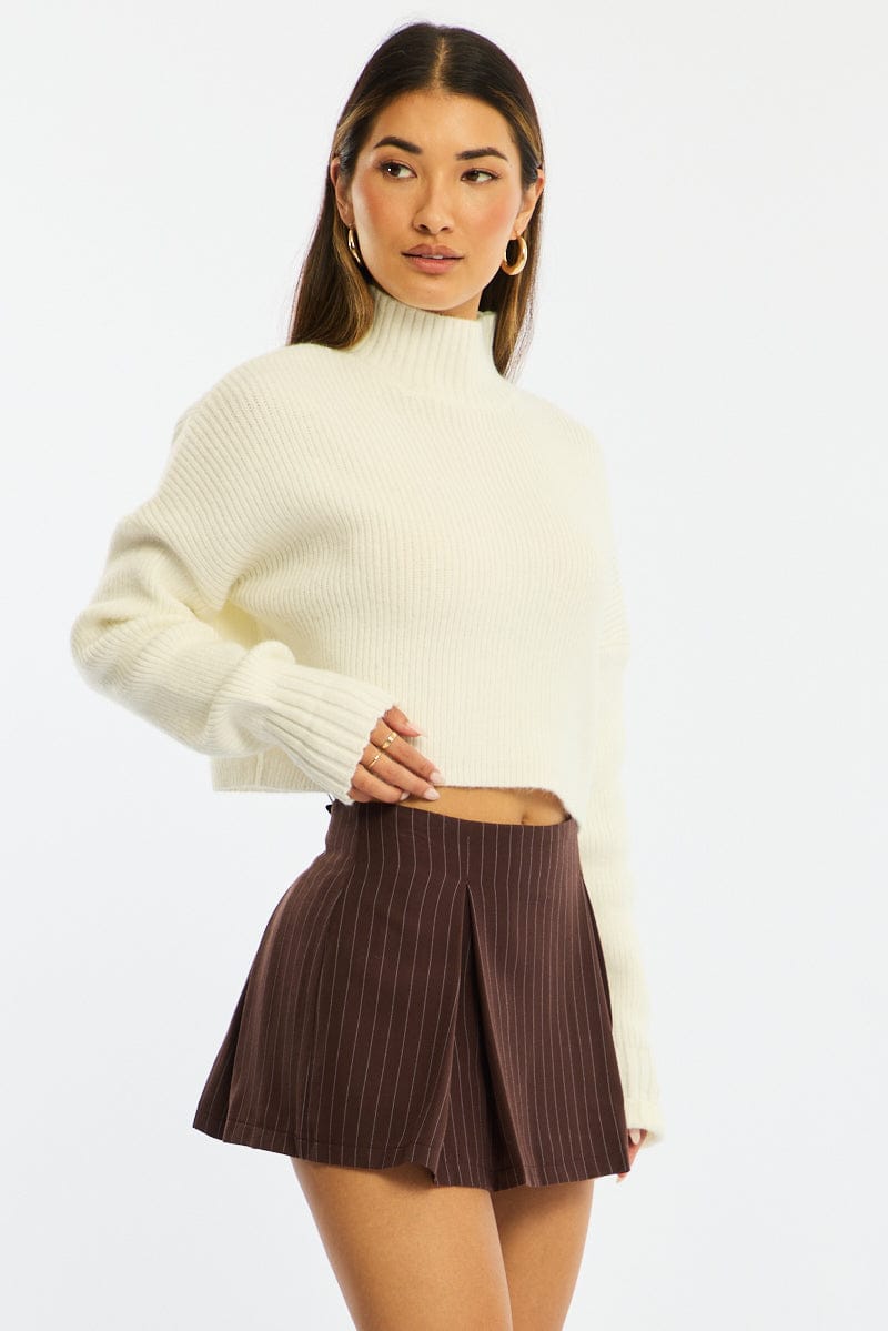 Brown Stripe Mini Skort Skirt High Waisted Lined for Ally Fashion